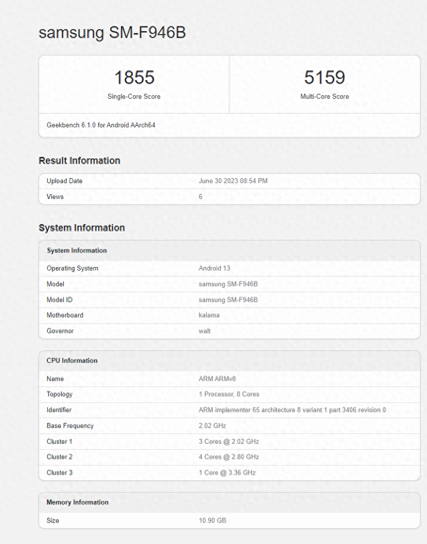 三星Galaxy Z Fold5跑分曝光，搭载第二代骁龙8（for Galaxy）